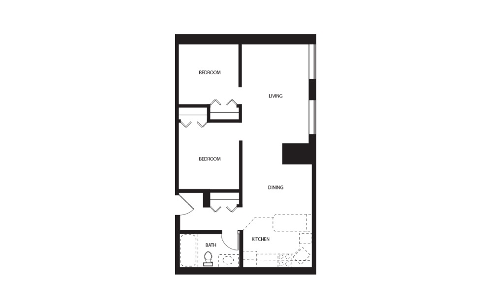 Plan 13 2/1  - 2 bedroom floorplan layout with 1 bath and 715 square feet.