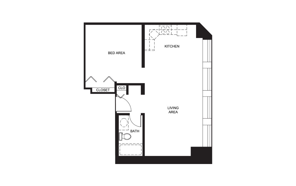 Plan 14 Studio (697sq)  - Studio floorplan layout with 1 bath and 697 square feet.
